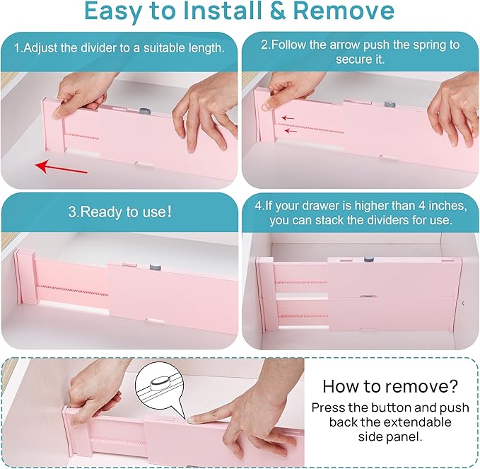 Vtopmart 8 Pack Drawer Dividers for Clothes, 4" High 11.6"-17" Adjustable Expandable Dresser Drawer Organizer, Plastic Separators for Dresser, Baby Clothes, Underwear, Kitchen & Office Storage, Pink