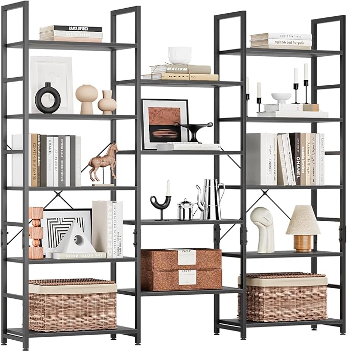 NUMENN Triple 5 Tier Bookshelf, Wide Book Shelf with 14 Open Display Shelves, Modern Tall Bookcase Furniture for Living Room Home Office, Black