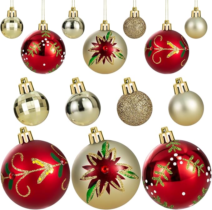44PCS Christmas Ball Ornaments Set Xmas Tree Decoration Balls 2025 Shatterproof Hanging Colored for Party Wedding Home Party Outdoor Indoor Red & Golden