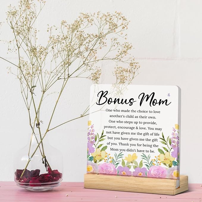 Bonus Mom Step Mom Mothers Day Gifts for Stepmom from Son Daughter I Love You Thank You Birthday Gifts for Bonus-mom Step-Mom Office Desk Decor For Home Acrylic Sign Christmas Gift