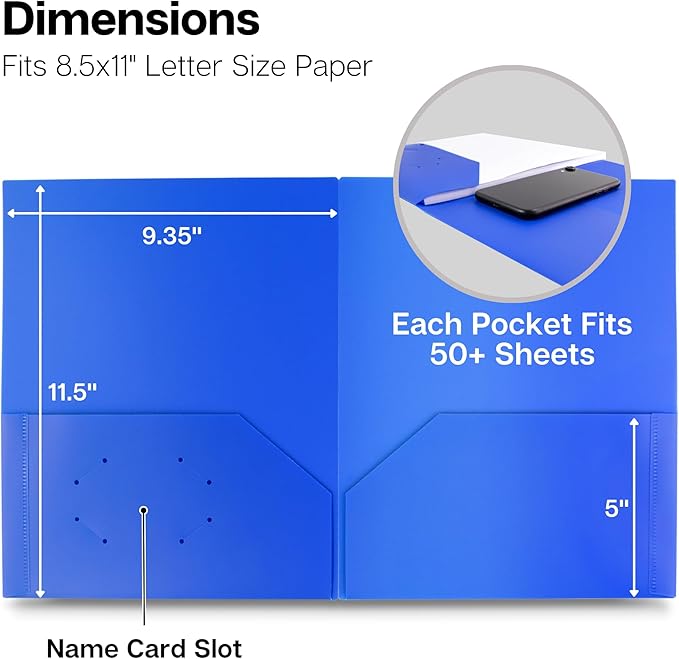 Dunwell Plastic Folders with Pockets (Blue, 3 Pack), 2 Pocket Poly Folders for School, Home or Office, Durable Acid-Free Poly, Includes Removable Adhesive Labels