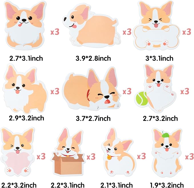 Xqumoi 30 Pack Corgi Sticky Notes - Cute Cartoon Corgi Self Sticky Notepads Writing Memo Pads Animal Page Marker for Back to School Office Supplies Party Favors Goodies Bag Fillers, Total 600 Sheets