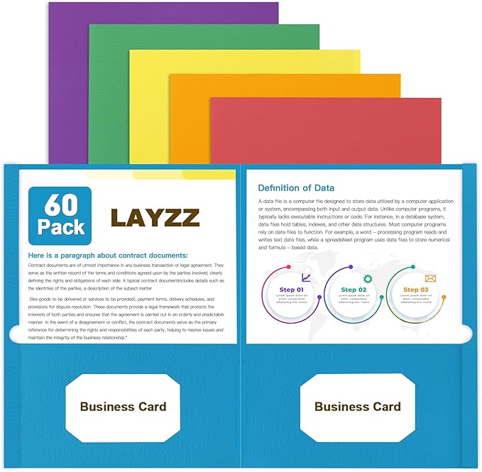 Folders with Pockets, LAYZZ 60 Pack Paper Pocket Folders, 2 Pocket File folders Fits Letter Size Paper, for School Office and Home, Assorted 6 Colors