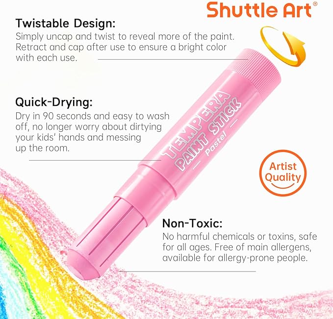 Shuttle Art Tempera Paint Sticks, 20 Pastel Colors, Solid Tempera Paint for Kids, Super Quick Drying, Works Great on Paper Wood Glass Ceramic Canvas