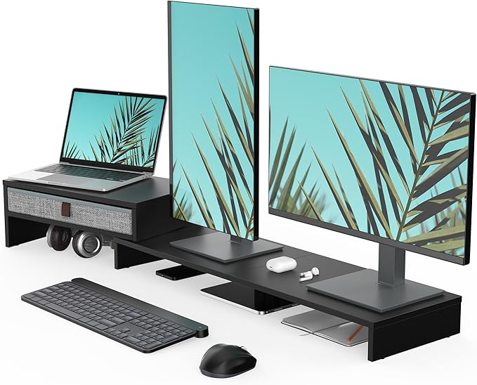 Fenge Computer Monitor Riser Stand with Drawer for 2 or 3 Monitors ,Adjustable Length and Angle Desktop Laptop Stand,Office Organizer,Printer,Black