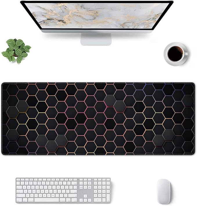 Hexagon Honeycomb Colorful Large Mouse Pad, Gaming Desk Mat, XL Extended Keyboard Desk Pad, 31.5"x11.8" Non-Slip Rubber Base Big Mousepad with Stitched Edges for Home and Office