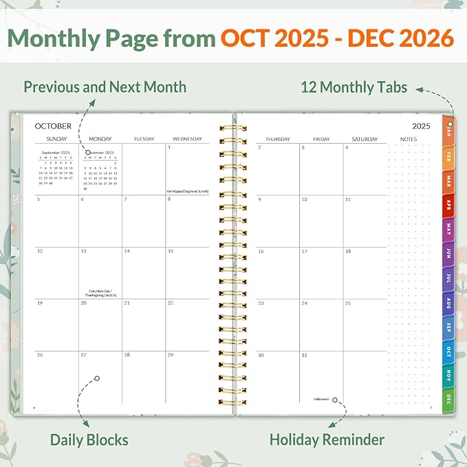 SUNEE 2026 Weekly and Monthly Planner - January 2026-December 2026, 6.4" x 8.3" Half Weekly Half Note, Daily Agenda Planner with PVC Waterproof Cover, Monthly Tab, Note, Pockets, Bookmark, Wildflowers