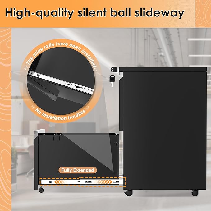 INTERGREAT 2 Drawer File Cabinet, Metal Filling Cabinet with Lock, Locking Office Mobile Cabinets with Wheels for Legal/Letter Size, Under Desk, Black