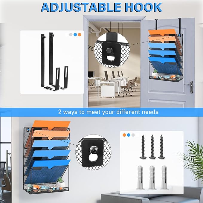 Wall File Organizer, 6 Pockets Mesh Hanging File Organizer, Wall Mount File Paper Folder Holder With Hooks, Wall Organizer Magazine Document Mail for Office School, Black