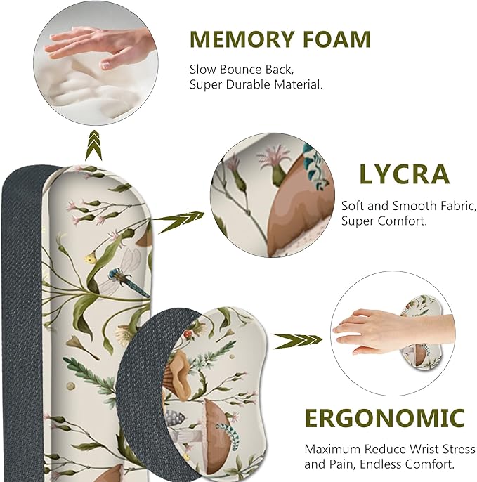 AIMSA Large Gaming Mouse Pad Set, Keyboard Wrist Rest Support+ Extended Mousepad+ Mouse Wrist Cushion+Coaster, Ergonomic Multifunctional Desk Mat 35x15.7in, Mushroom Plant Garden