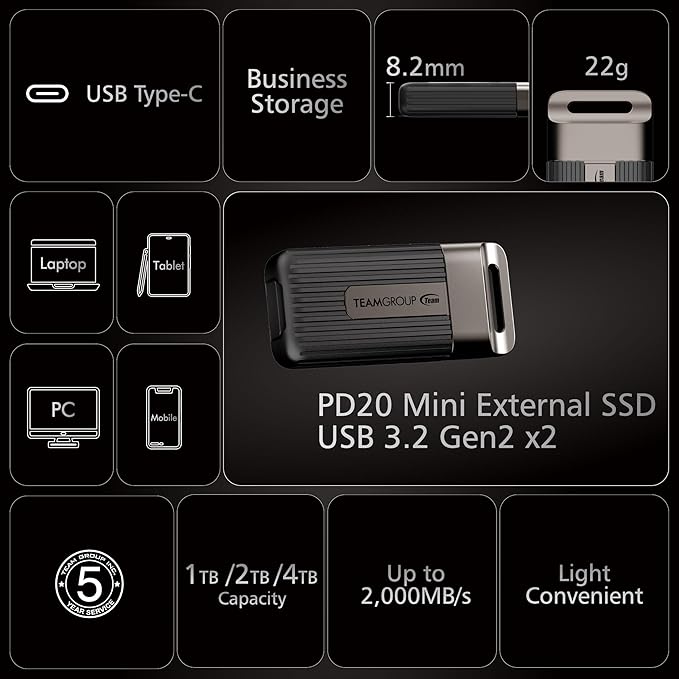 TEAMGROUP PD20 4TB Portable External Solid State Drive SSD Read up to 2000MB/s USB 3.2 Gen2x2 Type-C Waterproof Dustproof IP54 TPSEG5004T0C102
