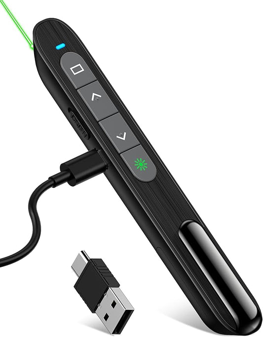 USB C Rechargeable Presentation Clicker with Green Light, Remote Clicker for Presentations Wireless Presenter Slide Changer PPT Advancer with Volume Control for Laptop Computer
