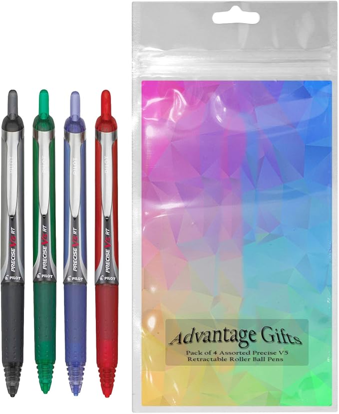 Precise V5 RT Retractable Rolling Ball Pens, Extra Fine Point (.5mm), Assorted Colors Black/Blue/Red/Green Ink, 4-pk; Premium Comfort Grip, Bundle with Plastic Reusable Pouch