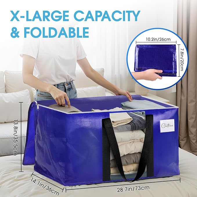 BlissTotes 10 Pack Moving Bags with Clear Window, Storage Bags with Strong Carrying Handles & Zippers,Large Packing Bags for Saving Space, Alternative to Moving Boxes(Blue,24 Gallon)