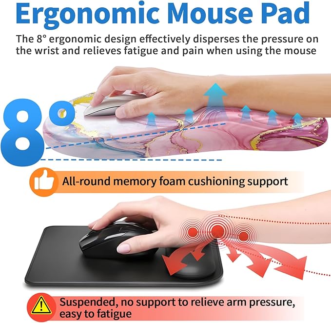 YIWEI Ergonomic Mouse Pad with Wrist Rest Support, Mousepad with Comfortable Memory Foam Wrist Rest and Non-Slip PU Base for Pain Relief, Computer, Laptop, Office, Home (Pink Marble)