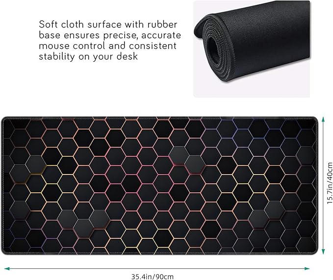 Hexagon Honeycomb Colorful Large Mouse Pad, Gaming Desk Mat, XXL Extended Keyboard Desk Pad, 35.4"x15.7" Non-Slip Rubber Base Big Mousepad with Stitched Edges for Home and Office