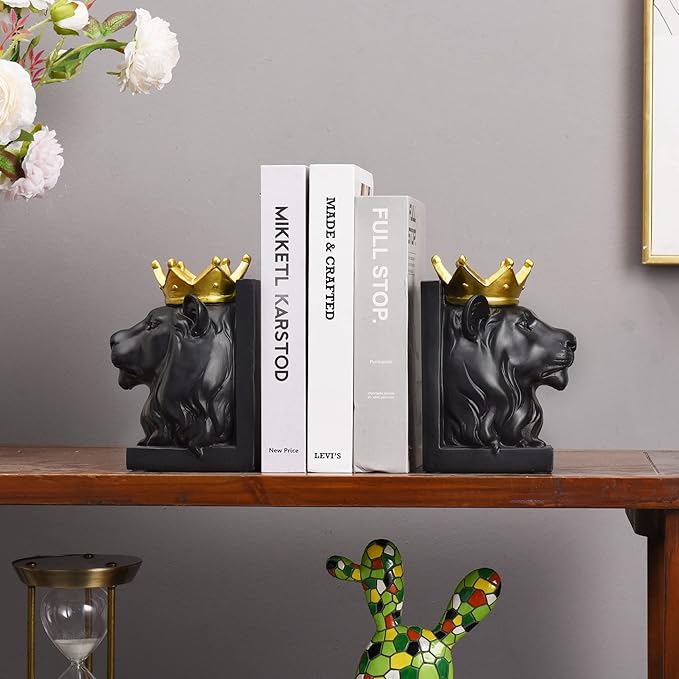 Book Ends Decorative, Lion Bookends for Shelves, Animal Book Stopper Decorative, Modern Book Ends for Heavy Books, Lion Figurines Statues Indoor, Unique Book Lover Gift(Black Lion)