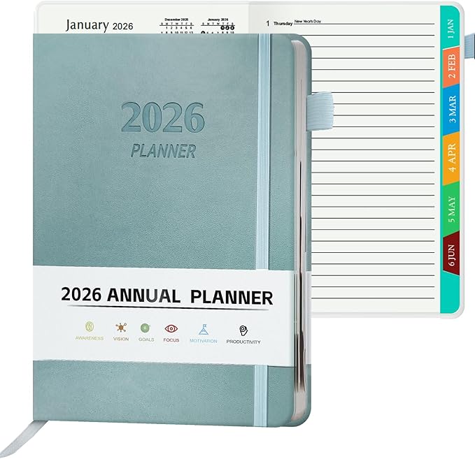 2026 Planner, A5 (5.6"x 8.5") Planner 2026 Jan-Dec, Monthly/Weekly/Daily Tabs with Contacts & Holidays, PU Leather Cover & 100gsm Paper, Organizer for School and Business Supplies (Sage Green)