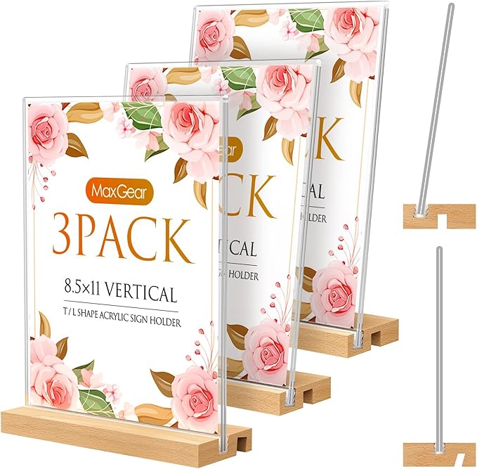 MaxGear L/T Shape Acrylic Sign Holder, 8.5 X 11 Clear Table Display Stand with Wooden Base, Flyer Menu Holder Photo Frames Paper Stand for Office, Wedding, Restaurants, Hotels 3 Pack