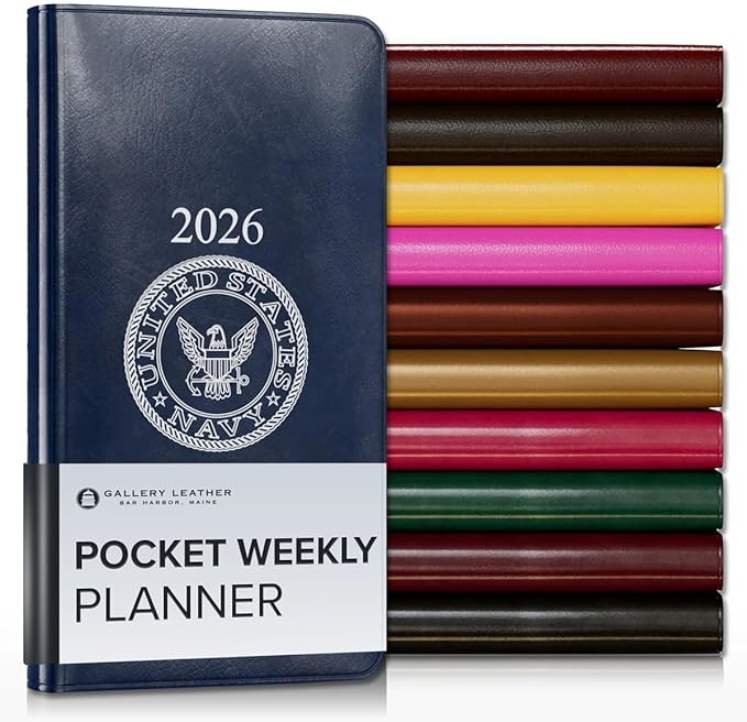 Gallery Leather Pocket Weekly Monthly Planner 2025-2026, Elegantly Bound Calendar Planner and Notebook with Stylish Gold-Gilded Page Edges, 12 Months - Acadia Navy - US Navy - 6 x 3.25 "