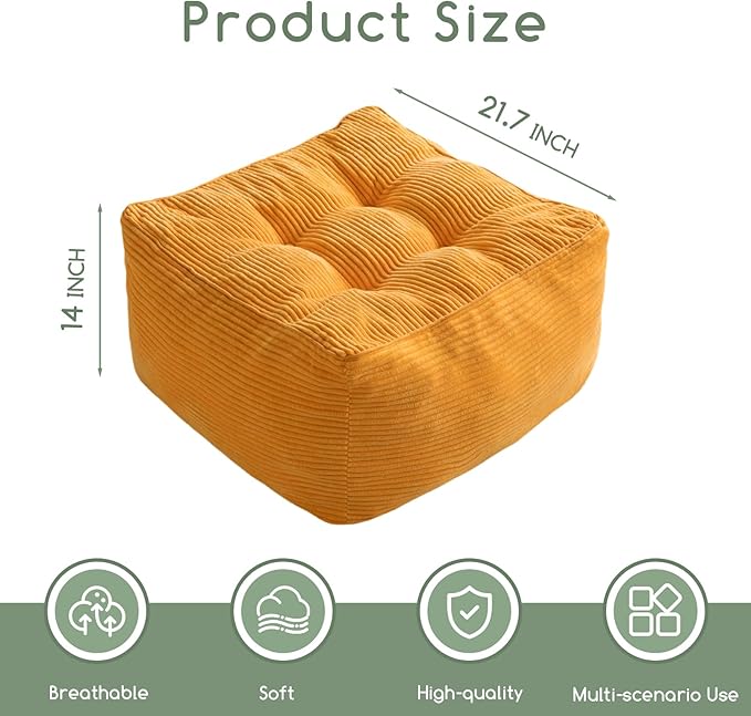 HIGOGOGO Square Stuffed Pouf Ottoman, Corduroy Poufs with Foam Chunk Filling, Furry and Fluffy Pouf Foot Stool Storage Ottoman, 21 X 21 Floor Poufs Foot Rest for Living Room, Orange