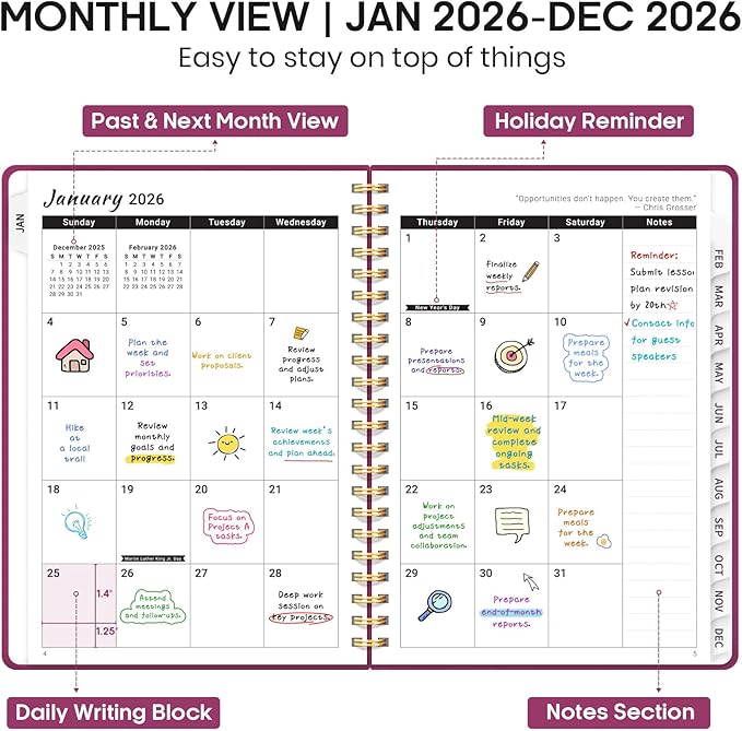 2026 Planner, Weekly and Monthly Calendar Planner Book, January 2026 - December 2026, Hardcover Spiral Planner with Monthly Tabs, Notes Pages, Perfect for Women & Men, A5 (6.4" x 8.5") - Raspberry