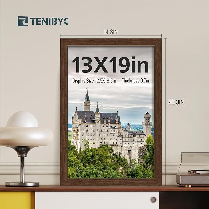 13x19 Picture Frame Set of 4, Textured Brown Wood & HD Tempered Glass, 19x13 Frame Display Posters, Photos and Puzzles, Wall Hanging