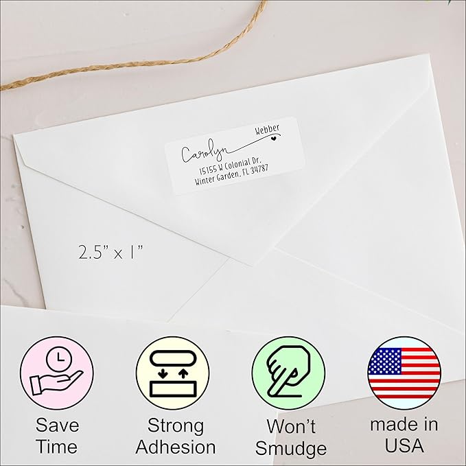 White Address Labels - Personalized Name Stickers, Custom Printed Return Mailing and Shipping Labels for Envelopes, Packages, Business, Home Use (Heart icon)