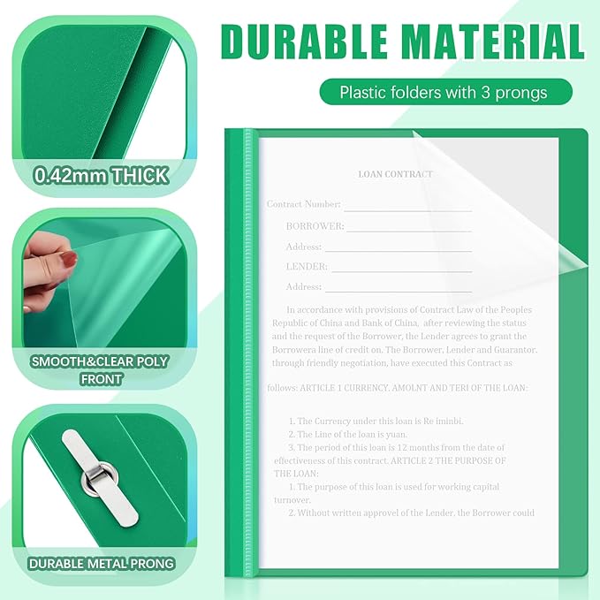 Teling 48 Pcs Clear Front Report Covers with Prongs Plastic Presentation Folders 3 Prong Resume Portfolio Folder for School(Green)