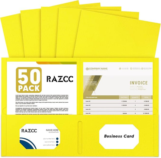 Two Pocket Folders, RAZCC 50 Pack 2 Pocket Folders Fit Letter Size Paper, Paper Folders with Pockets for School Office Business Home, Yellow