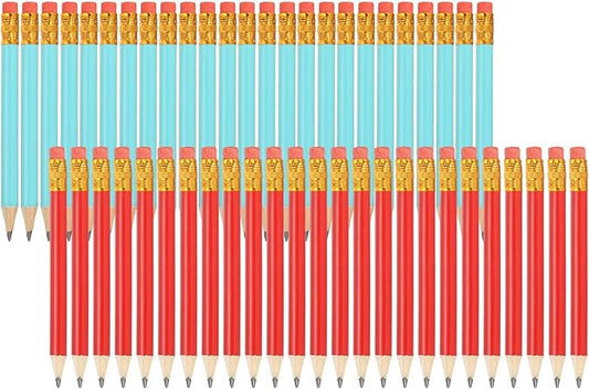 MECCANIXITY Golf Pencils with Erasers, 4" HB Mini Half Pencils Pre Sharpened Small Pens for Wedding Bridal Shower Game Office Writing Drawing(Blue/Red, Pack of 50)