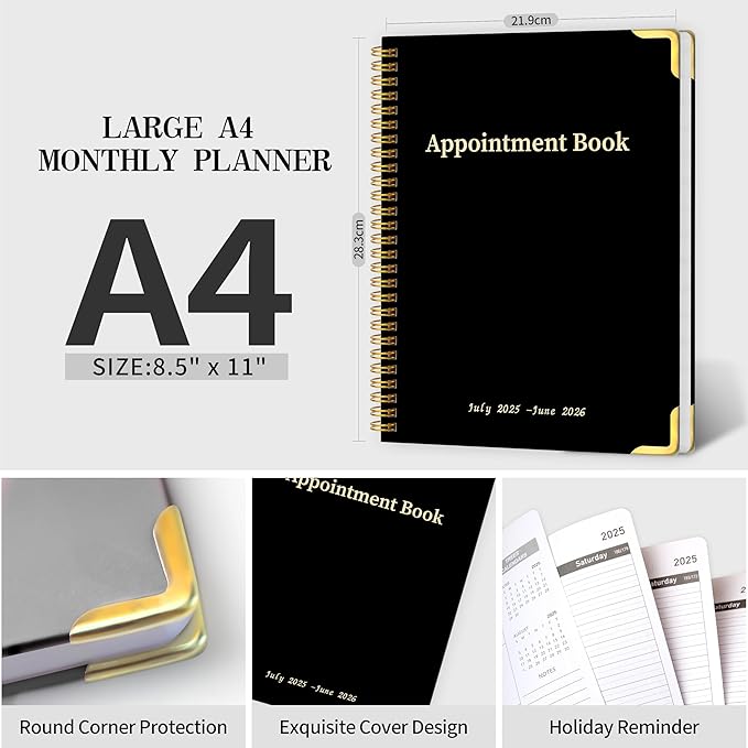 Appointment Planner 2025-2026 - Daily Hourly Schedule Planner from 7am - 10 pm, Weekly & Monthly Hourly Appointment Calendar from July 2025 - June 2026, 9" x 11"- Black