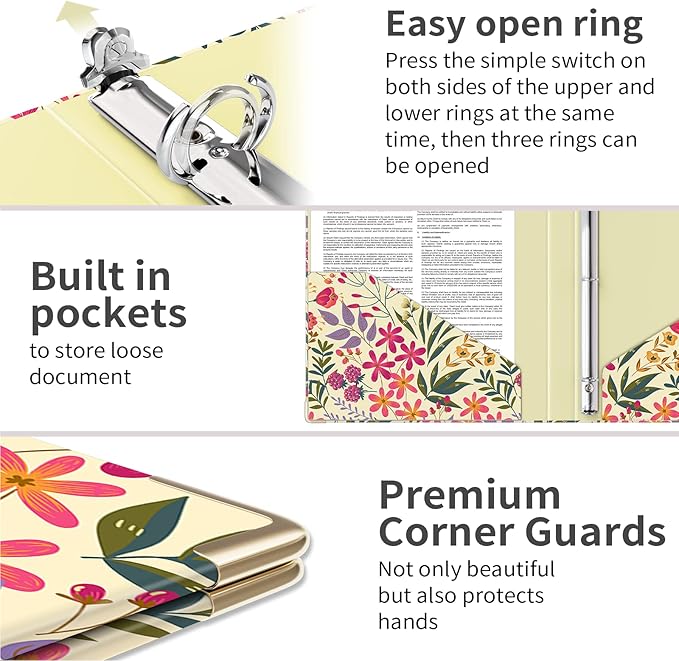 Ospelelf 3 Ring Binder, 1/2 Inch, Cute Floral Binder for Letter Size (11" x 8.5") with 5 Tab Dividers, File Folder Labels and Low Profile Clipboards