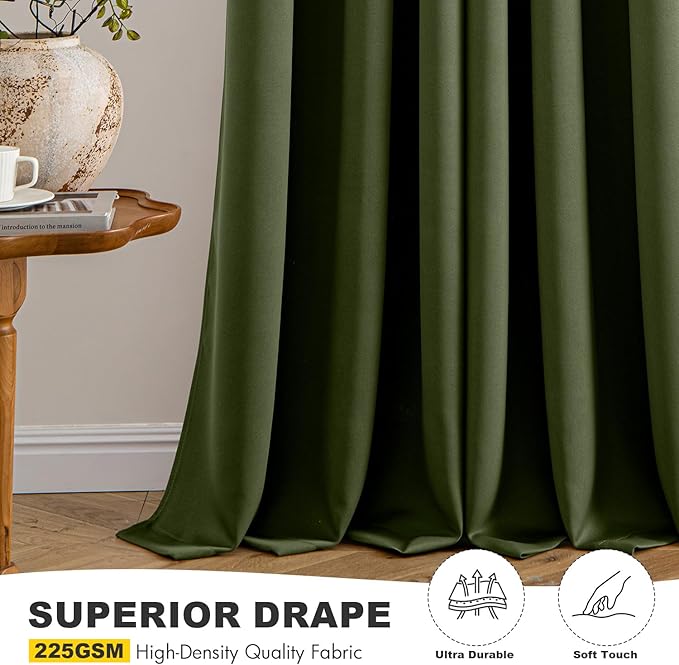 MIULEE Olive Green Blackout Curtains for Bedroom Living Room 84 Inches Long 2 Panels, Thermal Insulated Room Darkening Drapes Solid Grommet Top Noise Reducing Dark Green Window Treatments 40x84 Inch