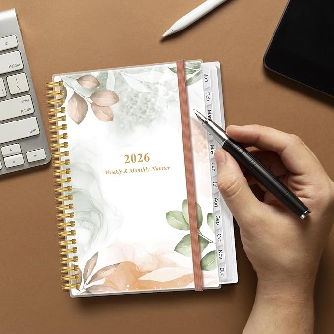 2026 Planner - A5 Weekly & Monthly Planner Spiral Bound, January 2026 - December 2026, with Flexible Cover, Tabs, Inner Pocket, 6.4" x 8.5", Rose Leaf