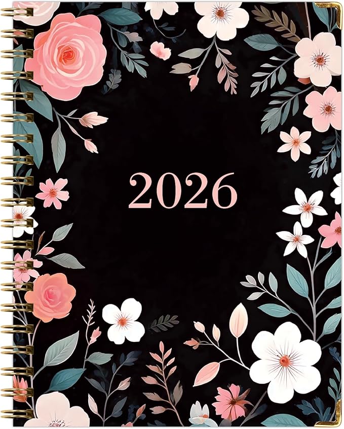 HARDCOVER 2026 Planner, 8.5"x11": 14 Months (November 2025 - December 2026), Daily Weekly Monthly Planner, Yearly Agenda, Bookmark, Pocket Folder and Sticky Note Set (Black Floral Pink)