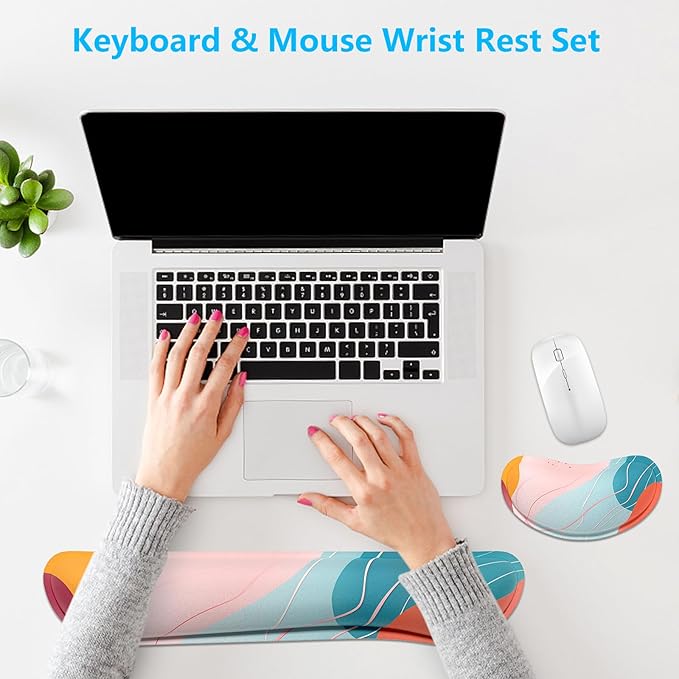 Dapesuom Enlarge Keyboard Wrist Rest, Memory Foam Wrist Cushion for Desk Mats Support, Typing Pain Relief Keyboard Mouse Pad Rests Set with Non-Slip Base for Gaming Laptop Computer, Colorful Abstract