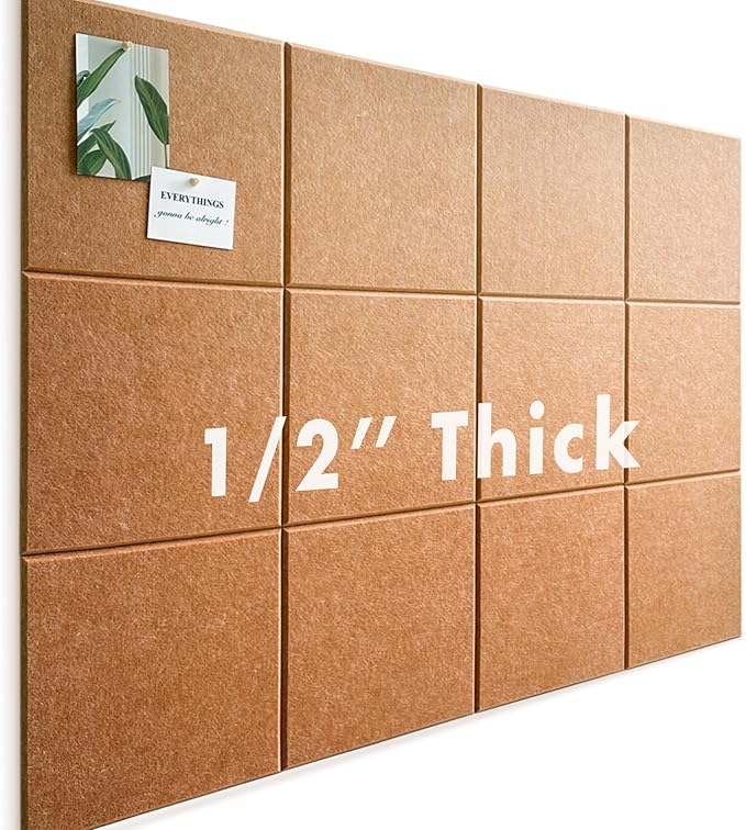 Large Cork Board for Office Wall Decor,48"x36"-12 Pack Felt Wall Tiles with Safe Removable Adhesive Tabs, 1/2" Thick, Felt Bulletin Board Pin Board Cork Boards for Walls - Copper