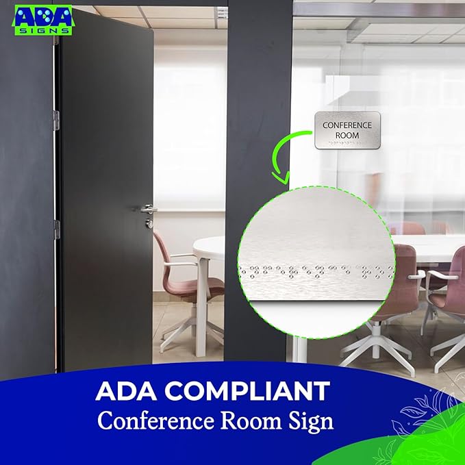 ADASigns Conference Room Sign 7" W x 4" H Durable Brushed Aluminum with Grade 2 Braille - Easy Installation with Double Sided Tape - ADA Compliant conference sign for Office, Universities & Businesses