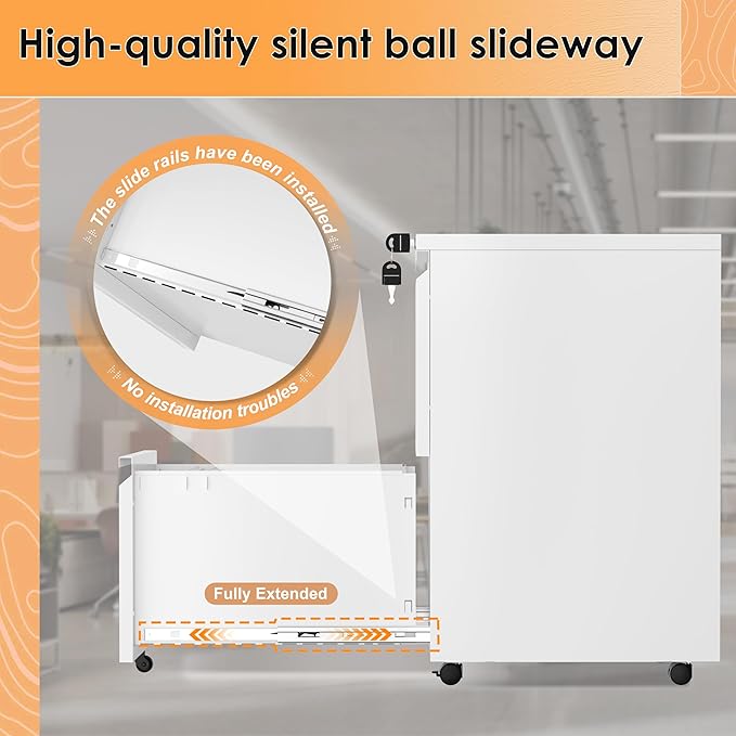 INTERGREAT 3 Drawer Filing Cabinet with Lock, White Mobile File Cabinet with Wheels, Rolling Small Metal Cabinets Under Desk for Home Office, Assembled