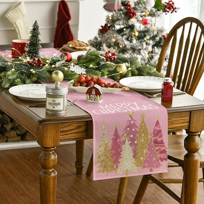 Artoid Mode Xmas Trees Snowflakes Pink Merry Christmas Table Runner, Winter Seasonal Kitchen Dining Table Decoration for Home Party Decor 13x72 Inch