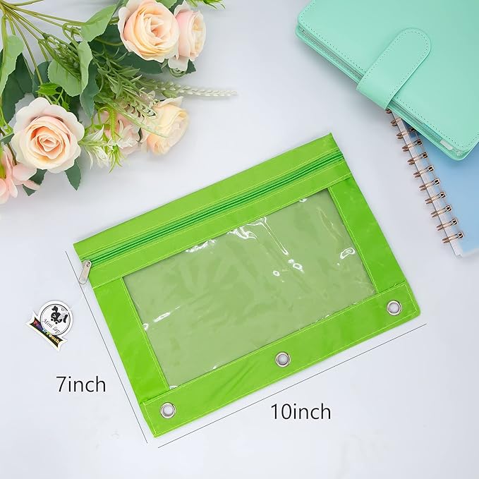 3 Ring Binder Pencil Pouches, Pencil Pouch for 3 Ring Binder, Zippered Clear Window Pencil Case for Binder with Rivet Enforced Hole 3 Ring, 5 Packs