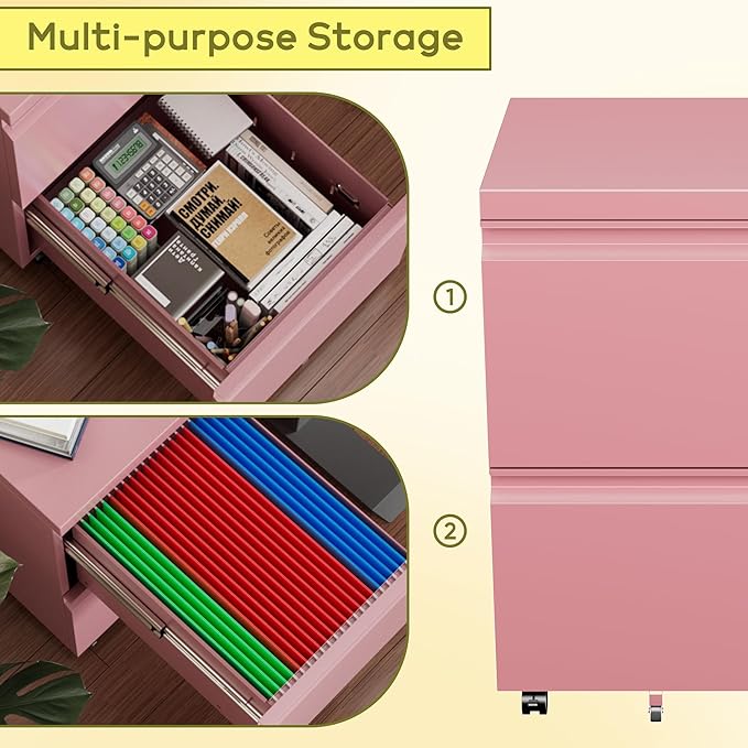 Aobabo Metal 2 Drawer Office File Cabinet with Lock, Under Desk Office Steel Files Cabinet on Wheels, 25.6''H Legal/Letter A4 Size, Fully Assembled Except Wheels,Pink