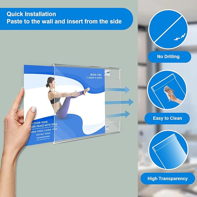 30 Pcs Acrylic Sign Holder 11 x 8.5, Horizontal Wall Mount Sign Holders with Adhesive, Clear Plastic Frames Paper Display Sign Holders for Office, Home, Store, Restaurant - No Drilling