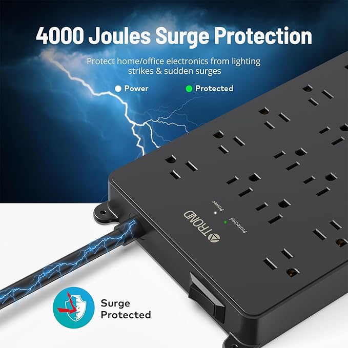 TROND Surge Protector Power Strip, 5ft Flat Plug Extension Cord with Multiple Outlets, 22 Widely Spaced AC with USB Ports, 4000 Joules, Heavy Duty, Wall Mount, Under Desk, ETL Listed, Black