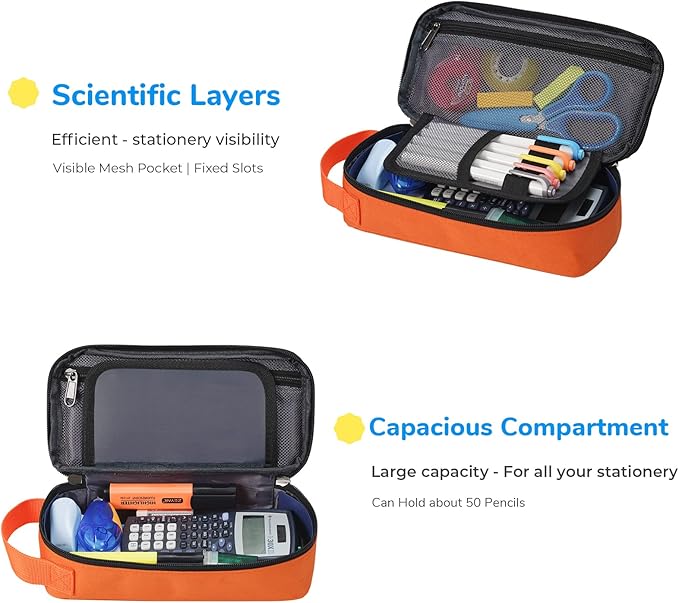 ECHSRT Pencil Case for Men Women, Large Pen Bag for Adults, Portable Pencil Pouch Aesthetic with Handle, Zipper Cases for Office Organizer Orange