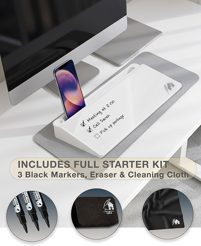 Small Desktop Whiteboard, Glass Dry Erase Board Computer Keyboard Stand Surface Pad with Drawer, Desk Organizer with Accessories for Office, Home, School, to-Do List Board