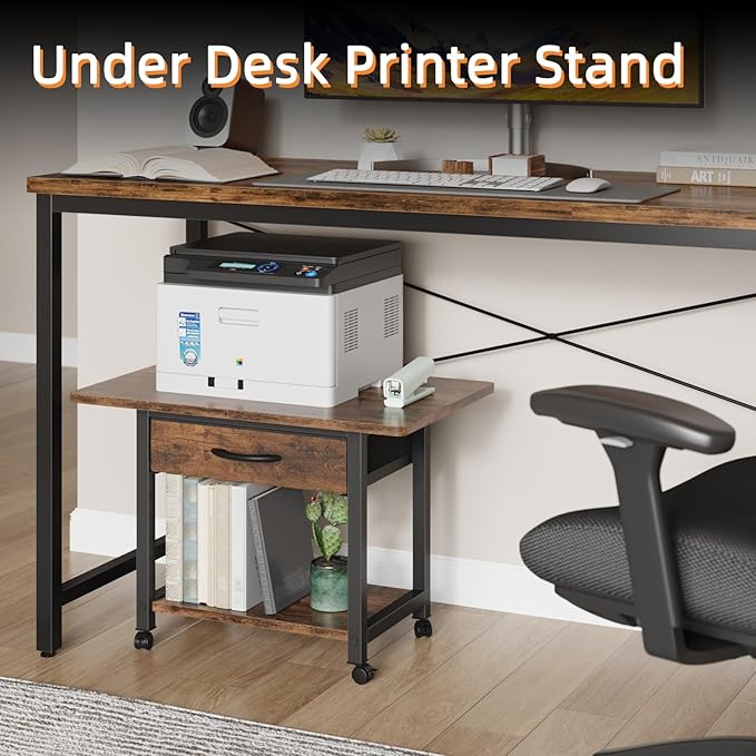 22"x15" Large Printer Stand with Storage Drawer, 2-Tier Under Desk Printer Table for Home Office, Printer Cart fit Fax Machine/3D Printer/Scanner(Brown)