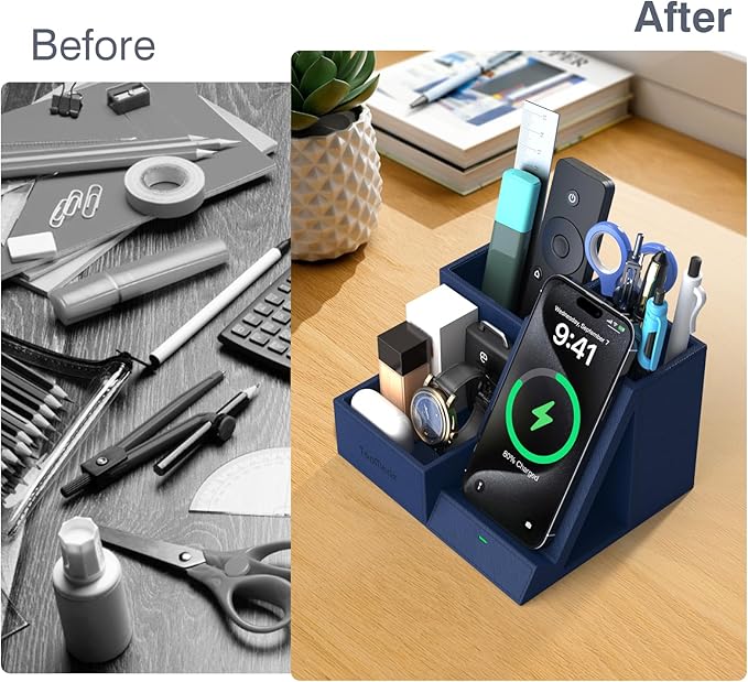 TopMade Wireless Charger with Desk Nightstand Organizer, Leather Pen Pencil Holder Bedside Fast Charging Station, for iphone Charging Stand Office Supplies Desk Accessories, Gifts for Men(Blue)