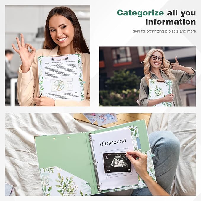 Ospelelf Binder 3 Ring 1 Inch, Green Floral Round Ring Clipboard Binder for Letter Size Paper with 5 Tab Dividers, for School and Office Supplies